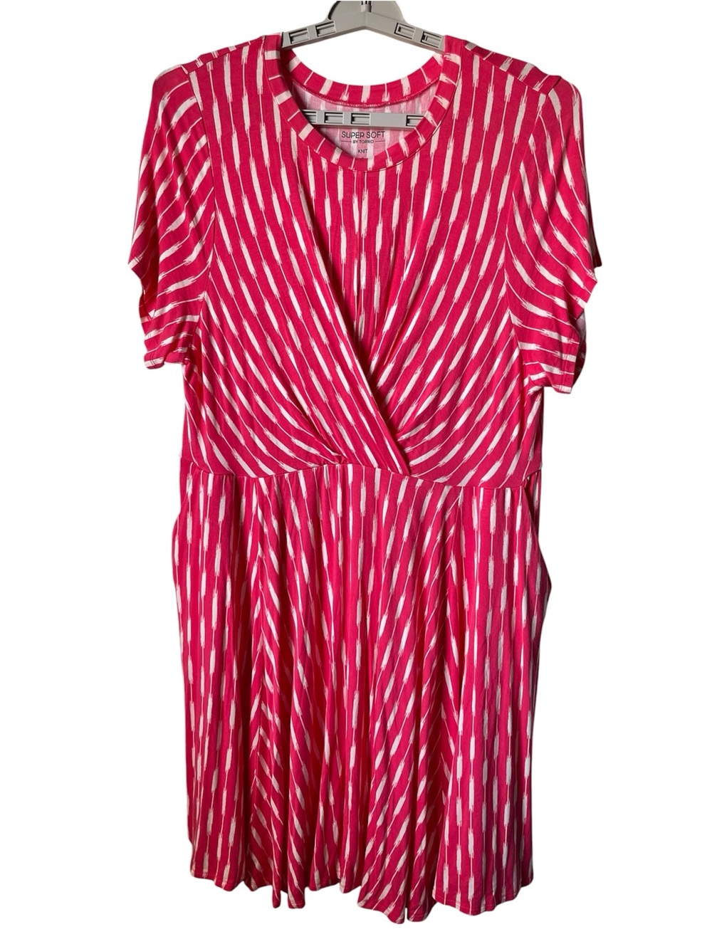 Torrid Super Soft Drape Front Skater Dress Pink/White Ikat Stripe Pattern Size 3